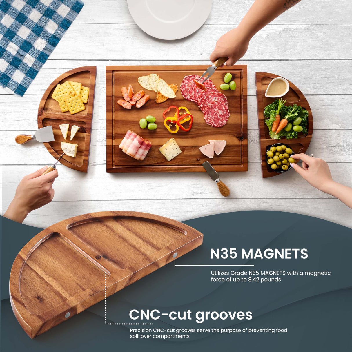 TIDITA Acacia Large Charcuterie Board & 4 Knives Set - 3 Part Long & Round Magnetic Cheese Boards Wooden - Extra Large Charcuterie Board Serving Platter - Acacia Wood Serving Board (30 x 13 Inch) Tidita