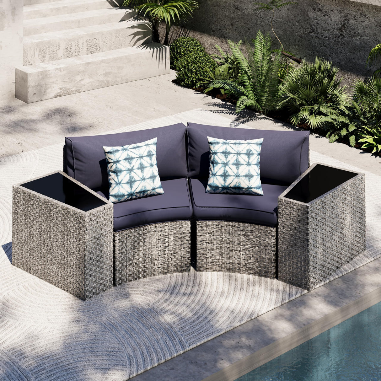 UDPATIO Patio Furniture Set Integrated Outdoor Sectional 4 Pieces Grey Rattan Modular Curved Sofa Set with Wicker Side Table,2 Pillows,Fit for Backyard,Pool,Balcony,Sunroom(Blue) UDPATIO