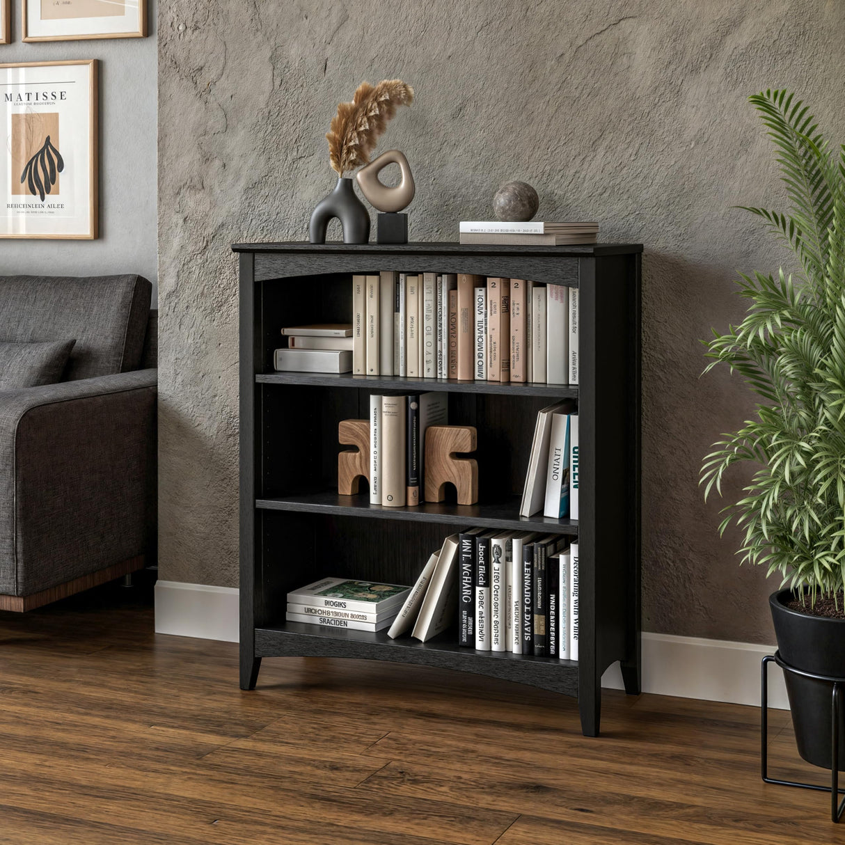 Camaflexi Shaker Style 3 Shelf Bookcase/Solid Wood / 36" High/Adjustable Shelving/Closed Back/Display Bookshelf for Living Room, Bedroom, Home and Office, Black Camaflexi