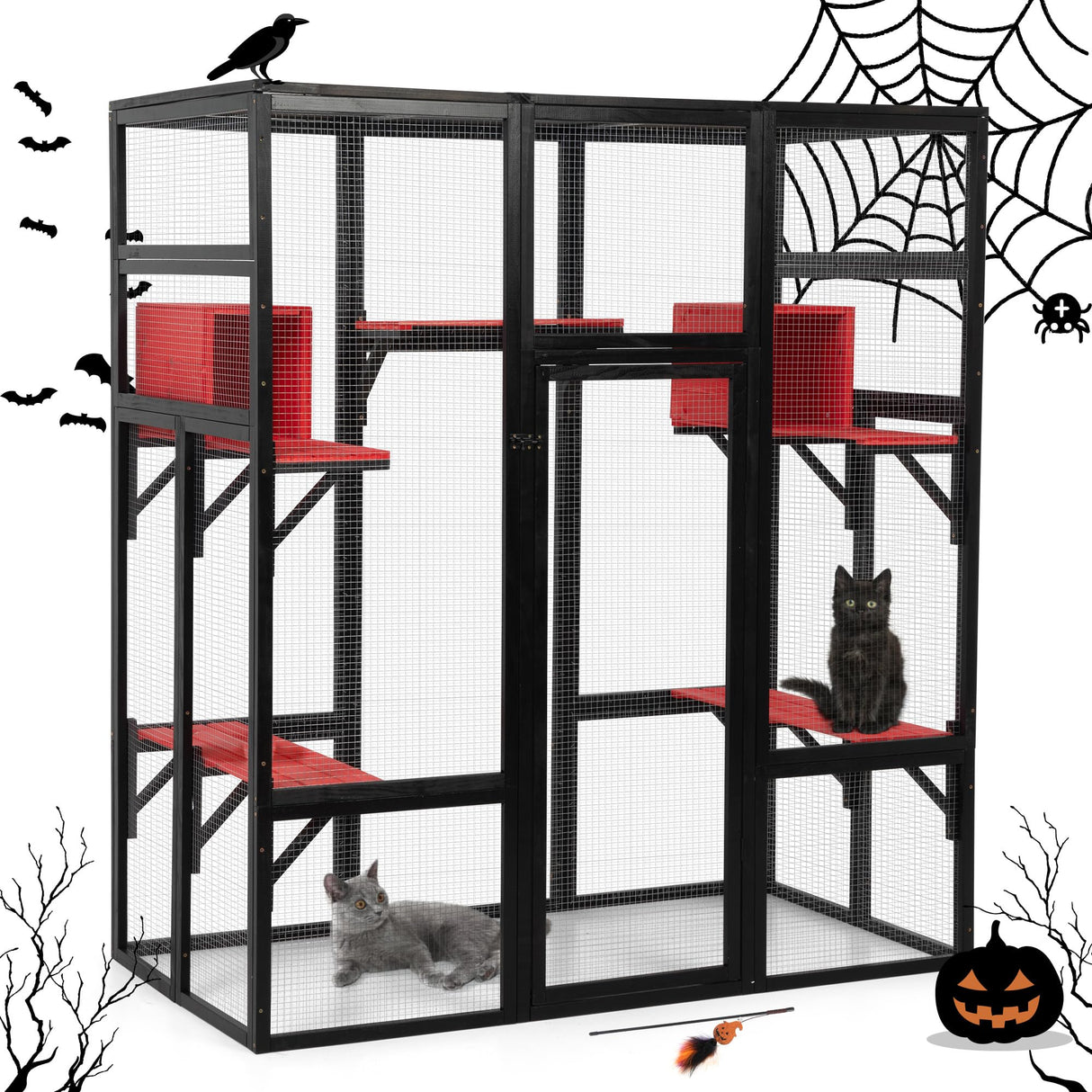 COZIWOW 70Inches Large Spacious Wooden Catio Outdoor Cat Enclosure with Perches and Condos, Cat Cage Indoor with Waterproof Roof, 7 Platforms & 2 Resting Box, UV Resistant (Gothic) COZIWOW