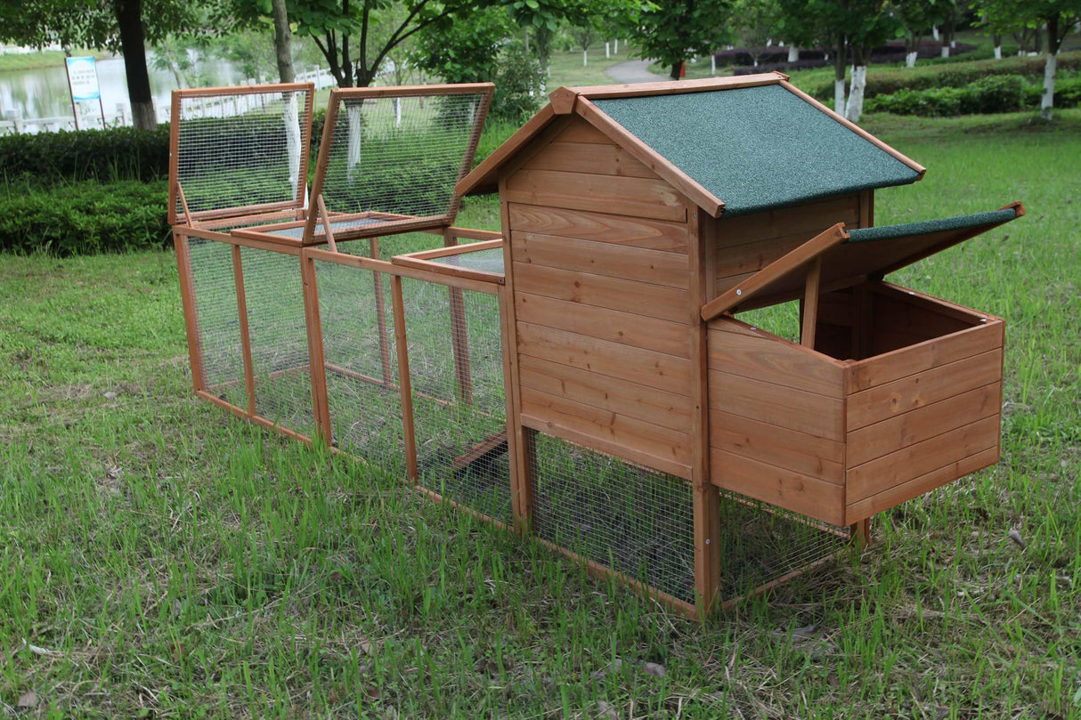 Outdoor Chicken Coop Wooden Hen House Poultry Pet Hutch Run Cage w/Waterproof Asphalt Roof, Ramp, Nesting Box, Wire Fence (120") GOJOOASIS