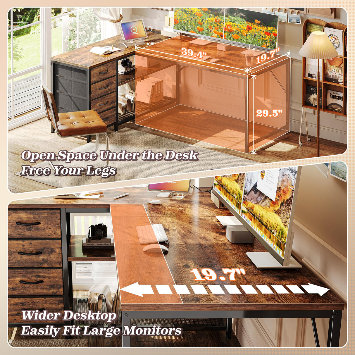 PRAISUN 53" L Shaped Desk with Power Outlets and USB-C Port, Reversible Computer Corner Office Desk with 4 Fabric Drawers and 2 Height-Adjustable Shelves, Large for Gaming Writing Study, Rustic Brown PRAISUN