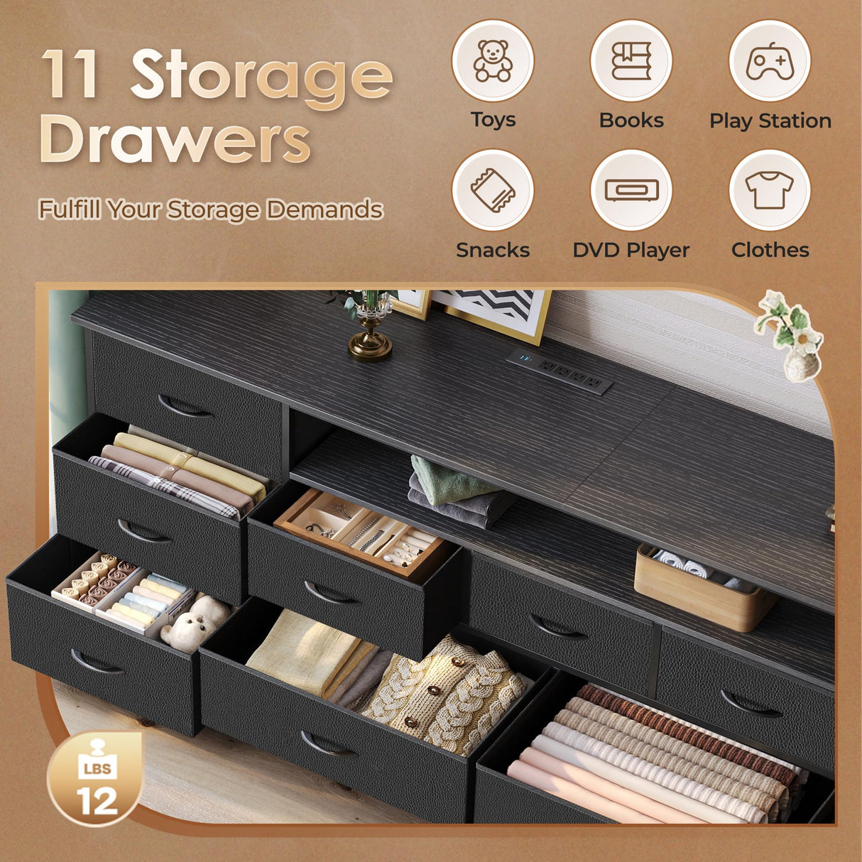 Huuger 70 Inch TV Stand for 75, 80 Inch TV, 11 Drawer Long Dresser with Power Outlets and LED Lights, Entertainment Center with Storage, Black Dresser with PU Leather Surface, 1TS011B Huuger