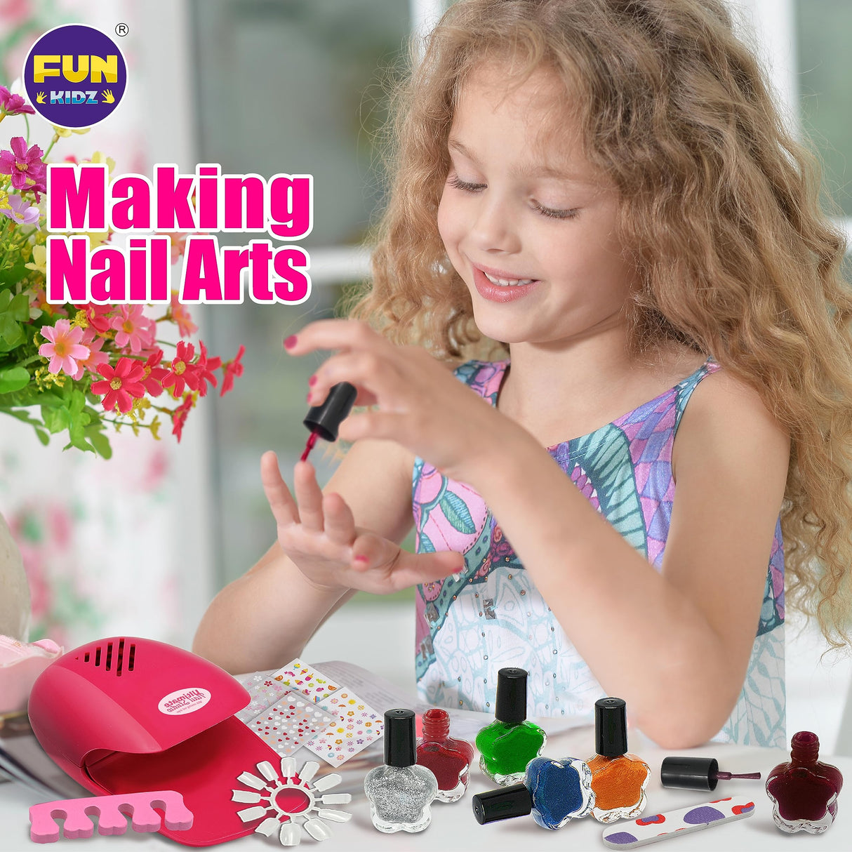 Kid Nail Art Kit for Girls, FunKidz Nail Studio Kits Size 17.91Wx12.4L with Peelable Nail Polish Nail Dryer Teens Makeup Mani Pedi Set Spa Party Gift FUN KIDZ