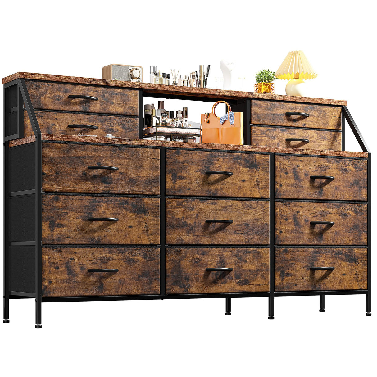 EnHomee 55”W Dresser for Bedroom, Dresser with 13 Large Drawer, Dressers & Chests of Drawers, Dressers with 2 Shelves, Bedroom Dresser, Long Dresser for Closet, Wooden Top Metal Frame Rustic Brown EnHomee