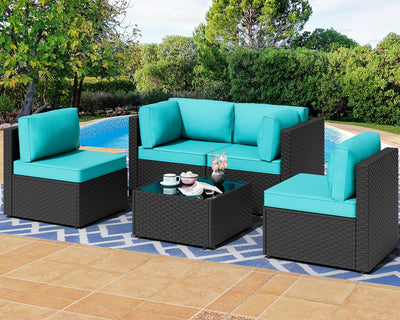 Shintenchi 5 Pieces Outdoor Patio Sectional Sofa Couch, Black PE Wicker Furniture Sets, Patio Conversation Sets with Washable Cushions Glass Coffee Table for Garden, Poolside, Backyard,Blue