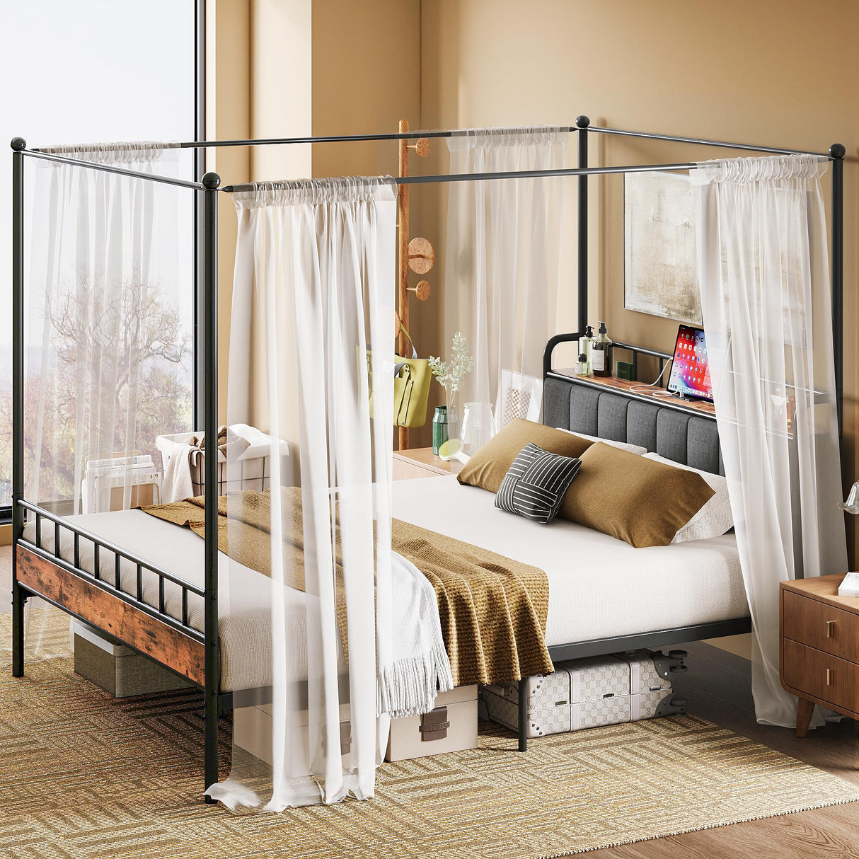 LIKIMIO Canopy Bed Frame Full, Storage Headboard with Charging Station, Platform Bed with 4 Removable Sturdy Posts, Noise Free, No Box Spring Needed, Vintage Brown LIKIMIO