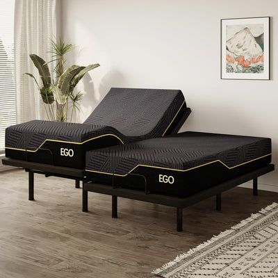 EGOHOME Split King Adjustable Bed Frame and 14" Memory Foam Mattress, Independent Head and Foot Incline Electric Bed with Massage, Wireless Remote, Zero Gravity, LED Lights, USB Ports, Adjustable Legs
