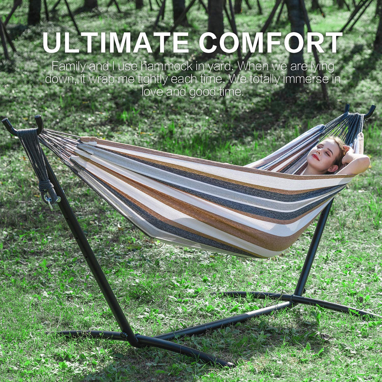 PNAEUT Double Hammock with Space Saving Steel Stand Included 2 Person Heavy Duty Outside Garden Yard Outdoor 450lb Capacity 2 People Standing Hammocks and Portable Carrying Bag (Coffee) PNAEUT
