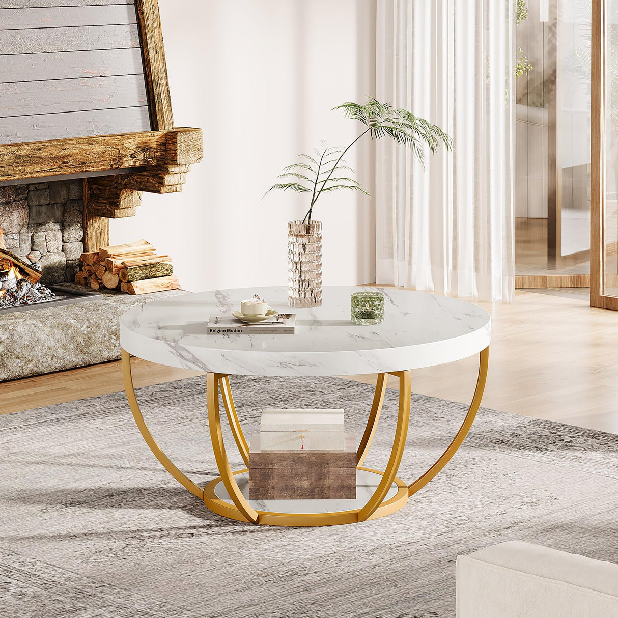 Tribesigns Modern Round Coffee Table, 2 Tier Coffee Table with Faux White Marble and Golden Metal Legs, Circle Center Table Tea Table Accent Furniture for Living Room, White and Gold Tribesigns