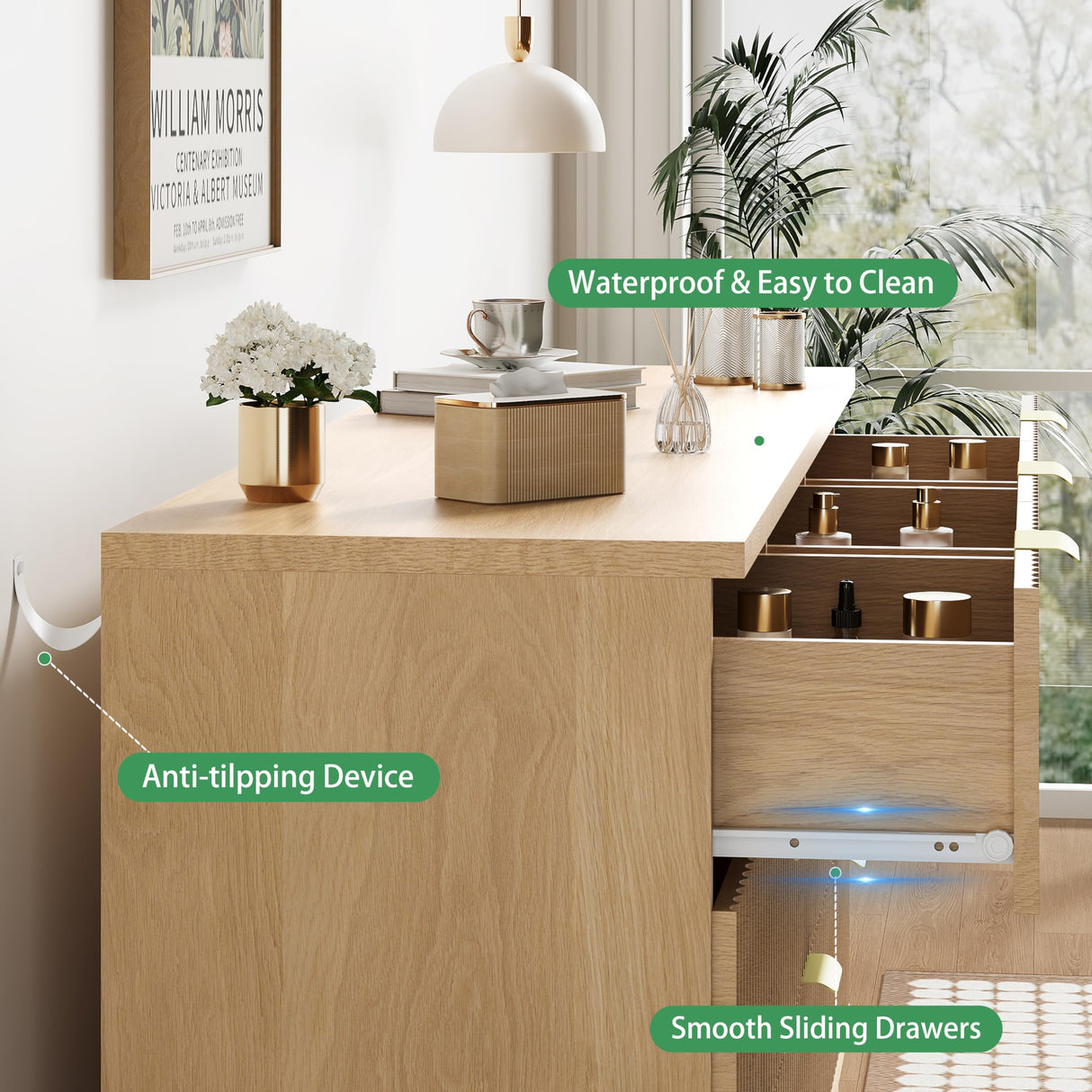 Fluted Dresser for Bedroom with 7 Drawers, 48" Wide Modern Chest of Drawers with Metal Handle, Wood Dresser TV Stand, Wooden Closet Clothes Storage Organizer for Living Room, Hallway, Natural Oak Xixini