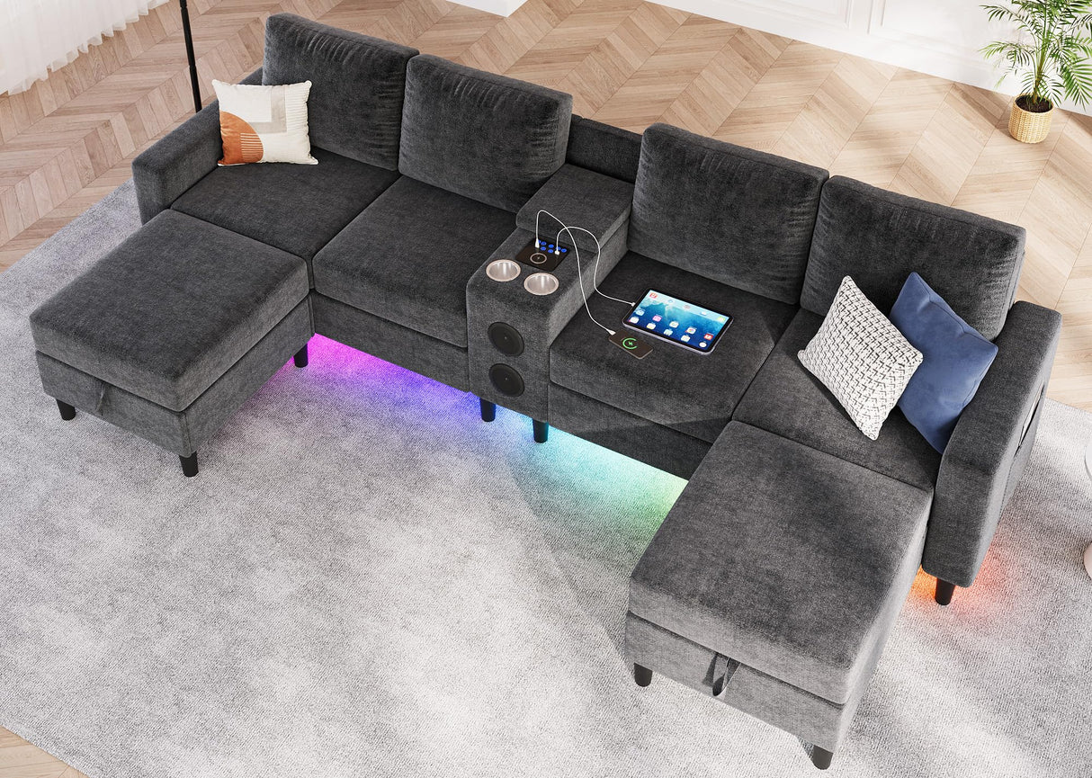 ZSDT Sectional Couches for Living Room, 6 Seat Sectional Sofa Smart Module-Bluetooth Speaker/RGB Light/Charging Station, Chenille U Shaped Couch with 2 Movable Storage Ottomans (Dark Grey) ZSDT