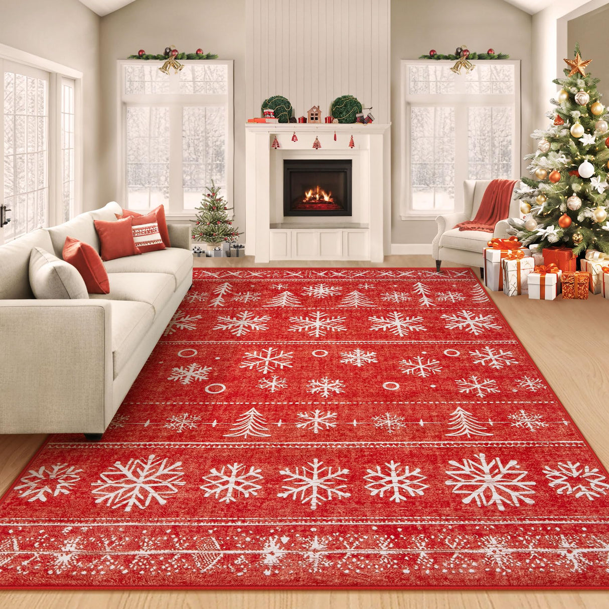 Christmas Area Rug 6x9 Rugs: Washable Living Room Rug Xmas Holiday Decor Rugs Snowflake Low Pile Boho Rug Indoor Floor Carpet for Bedroom Kitchen Dining Room Home(Xmas Red, 6'x9') Zomfy
