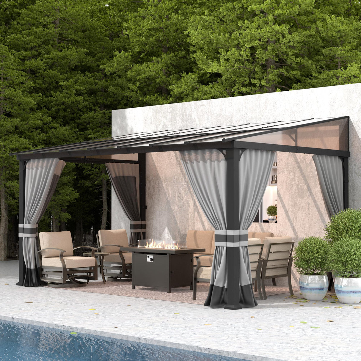 Gotland 10FTx14FT Outdoor Wall-Mounted Hardtop Pergola, Metal Frame Gazebo with Sloping Sun Panel Roof and Double Curtains for Patio, Garden, Lawn, Grey Gotland