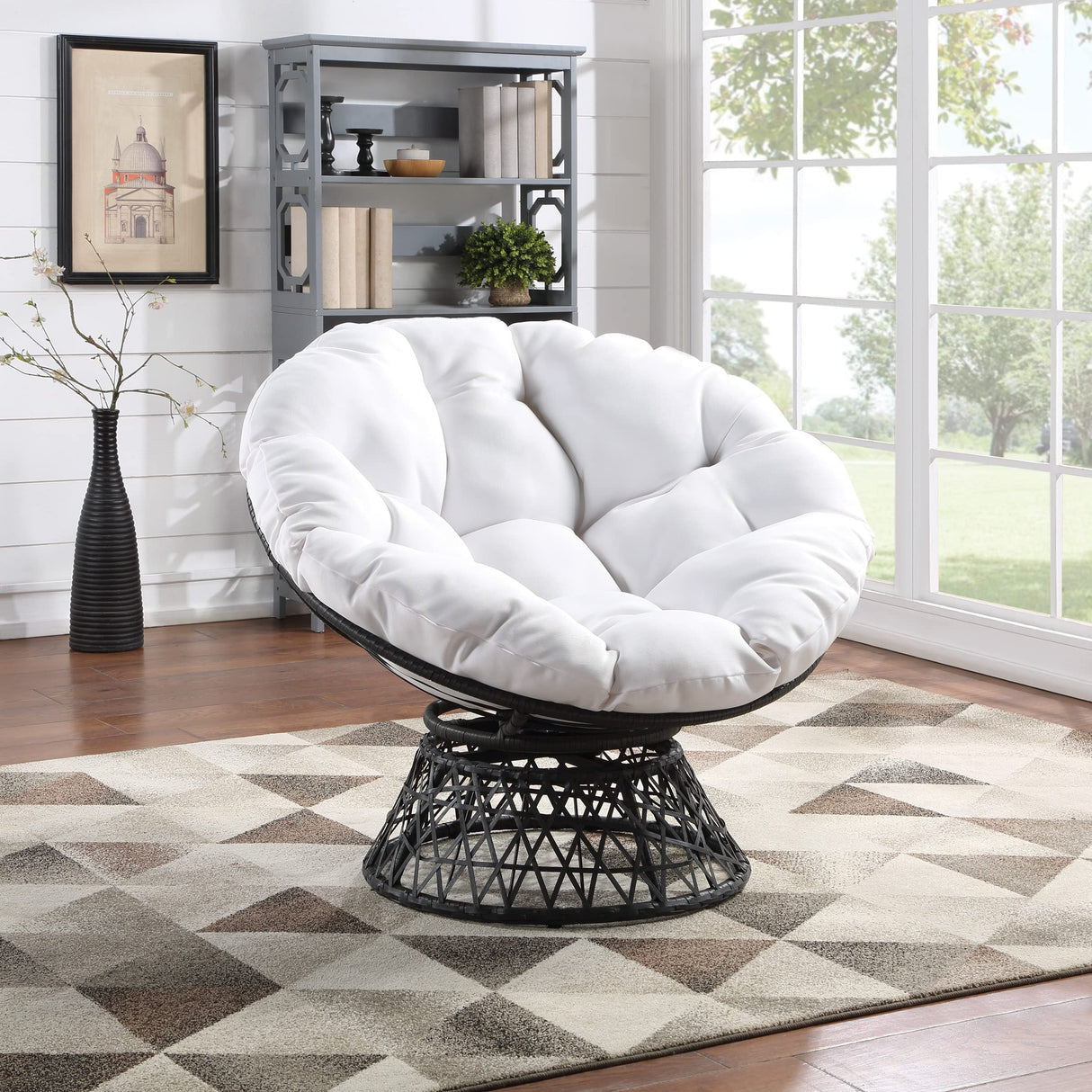 OSP Home Furnishings Wicker Papasan Chair with 360-Degree Swivel, Grey Frame with White Cushion OSP Home Furnishings