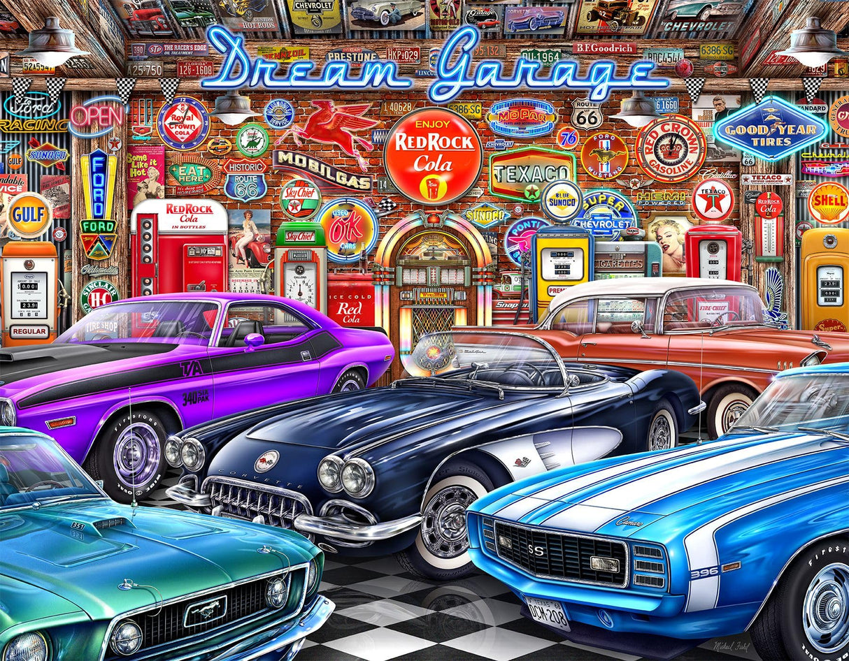 Springbok's Dream Garage 2000 Piece Puzzle for Adults is a Classic Car Lovers Dream Featuring Muscle Cars in a Classic Garage Springbok