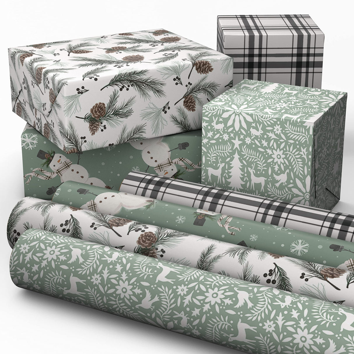 Hallmark Recyclable Neutral Christmas Wrapping Paper (4 Rolls: 100 Sq. Ft. Ttl) White and Sage Green Evergreen Pinecones, Rustic Snowmen, Plaid, Nordic Deer and Foliage Hallmark