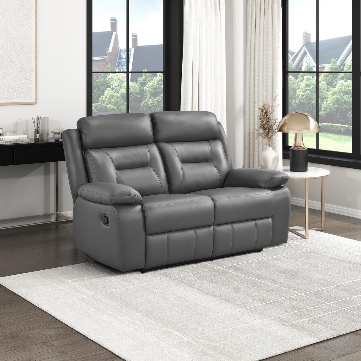Lexicon Reclining Sofa for Living Room, Double Recliner RV Couch, Manual Wall Hugger Recliner, Home Theater Seating Leather Match Reclining Sofa with Pillow Top Armrests, 62.5''W Loveseat, Dark Grey Lexicon