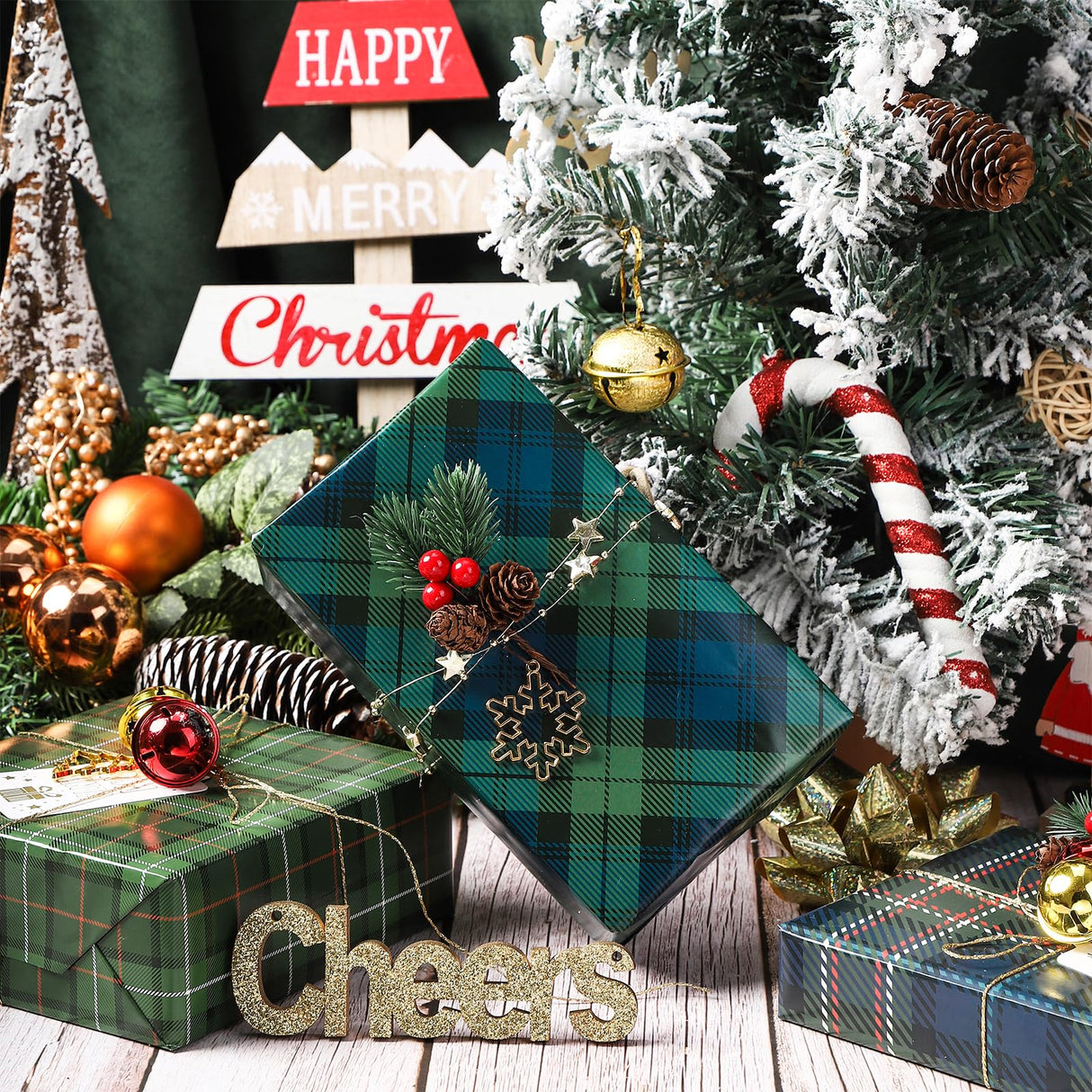 LeZakaa Christmas Green Wrapping Paper, 12 Folded Sheet with 4 Different Tartan Plaid Design for New Year Celebrations Holiday Gift Wrapping, 27.5 x 19.6 inches Per Sheet LeZakaa