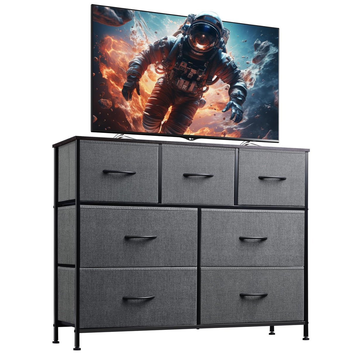 WLIVE Dresser TV Stand, Entertainment Center with Fabric Drawers, Media Console Table with Metal Frame and Wood Top for TV up to 45 inch, Chest of Drawers for Bedroom, Dark Grey WLIVE