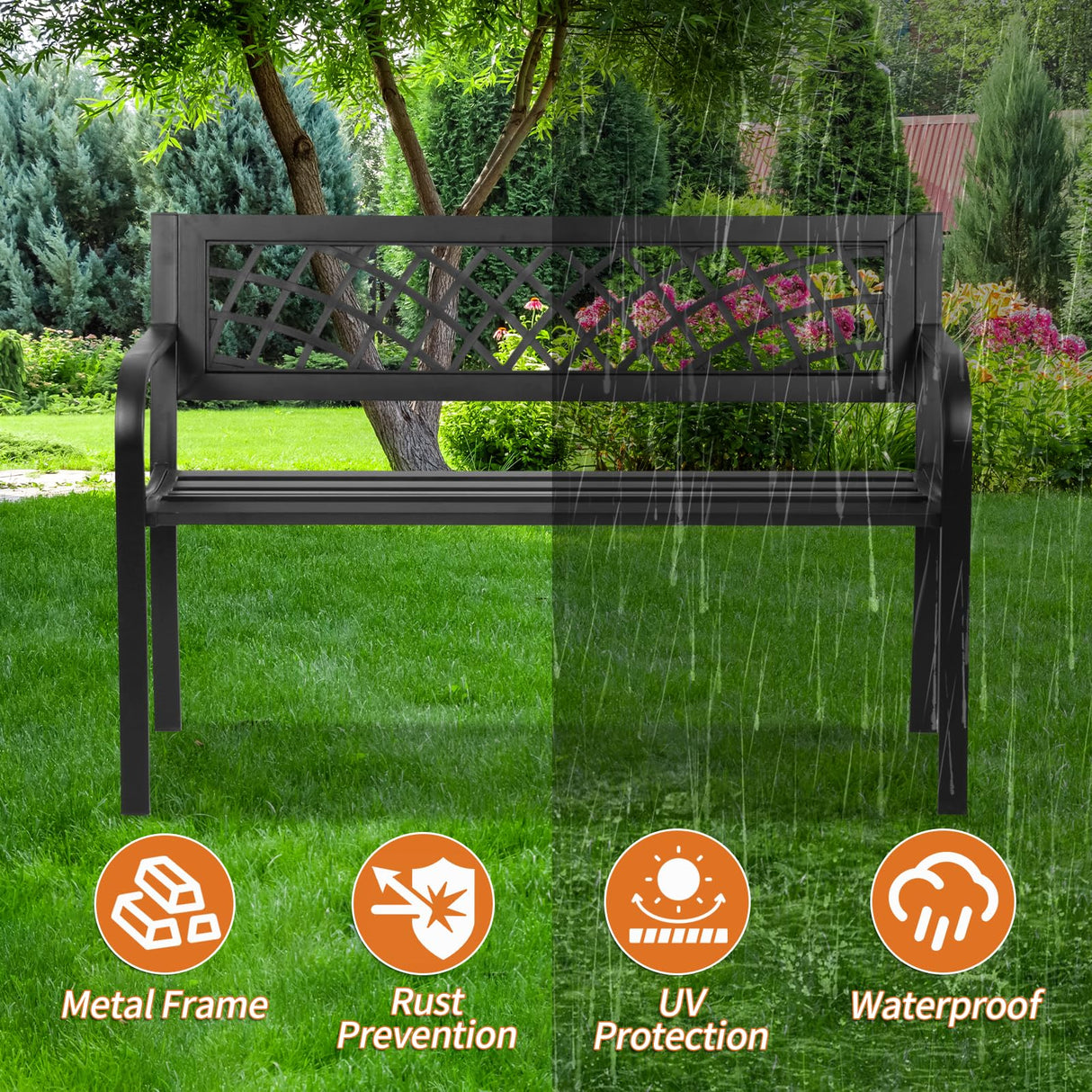 BSTOPHKL Outdoor Bench,Patio Garden Benches,Metal Weatherproof Porch Bench with Grid-Patterned Backrest and Armrest for Park Courtyard Porch,Bearing Capacity 480lbs,Black BSTOPHKL