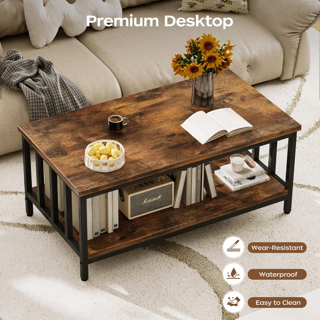 Homeiju Coffee Table for Living Room, Farmhouse Living Room Table with Slatted Sides Frame for Home Office, Apartment, 39 inch Rustic Black and Brown Homeiju