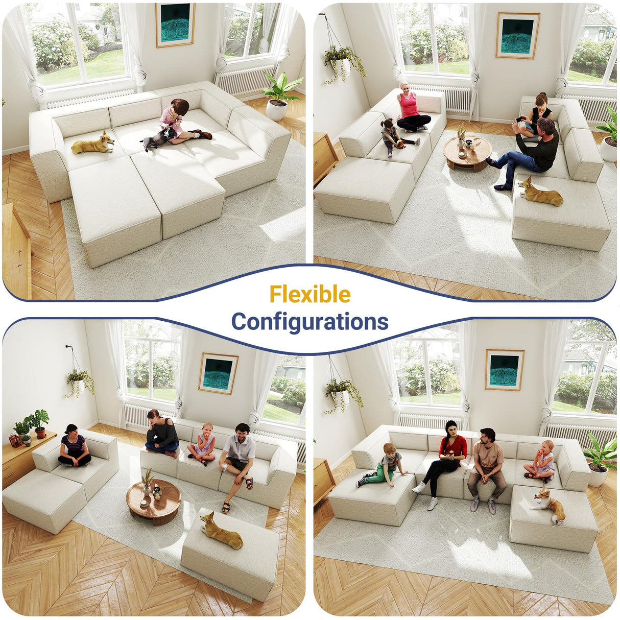 KOBY HOME 38“ Modular Sectional Sofa Convertible Cube Thick Couch Seat Set, Combine L-Shaped U-Shaped, Free Assembly, Space-Saving for Living Room, Fabric Chenille Beige White (Only Armless) KOBY HOME
