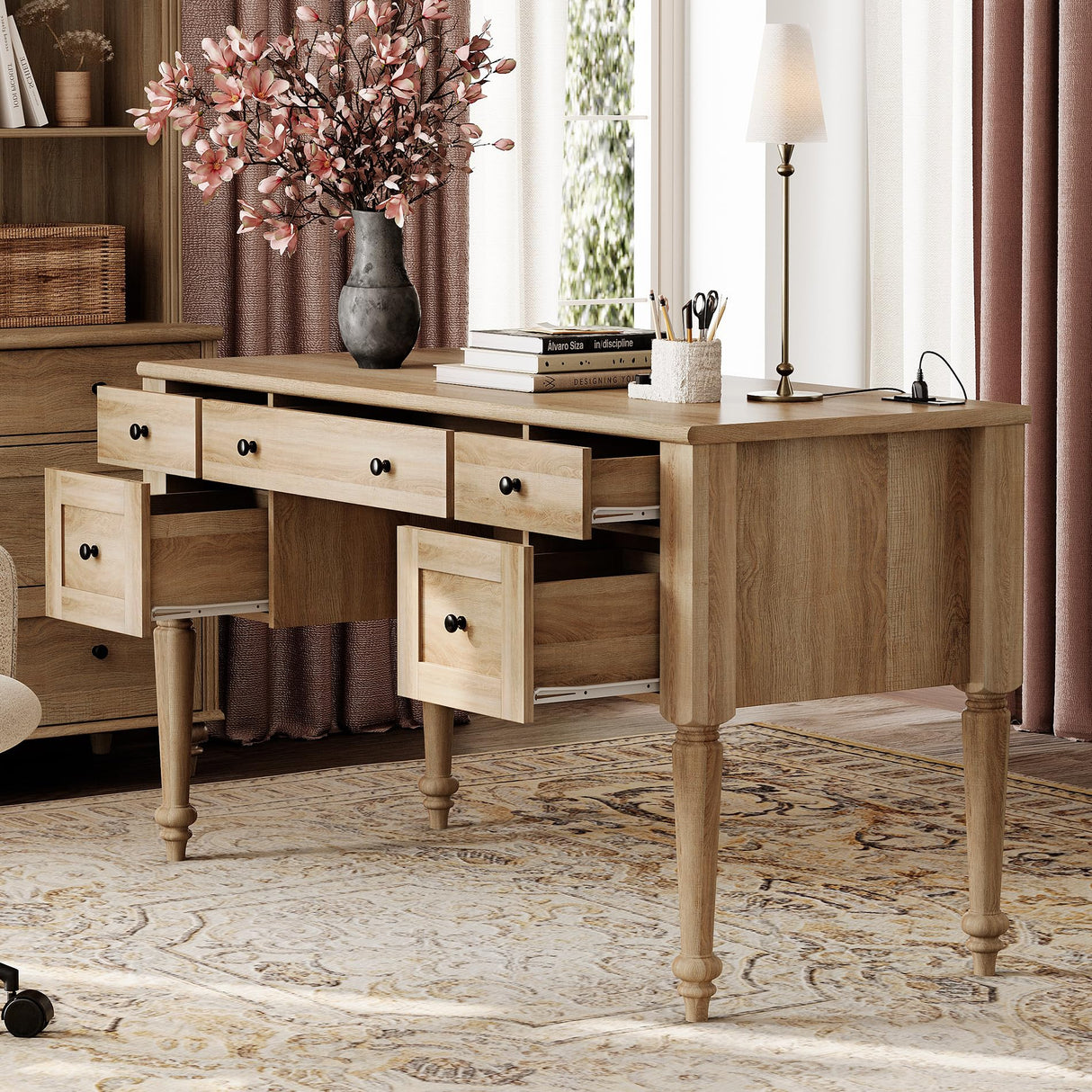 WAMAPT Farmhouse Executive Desk with 5 Drawers, Home Office Desk with Charging Station, Wood Computer Desk with File Cabinet Storage, Door, Open Shelf for Work and Study, Oak, 55 inch WAMPAT