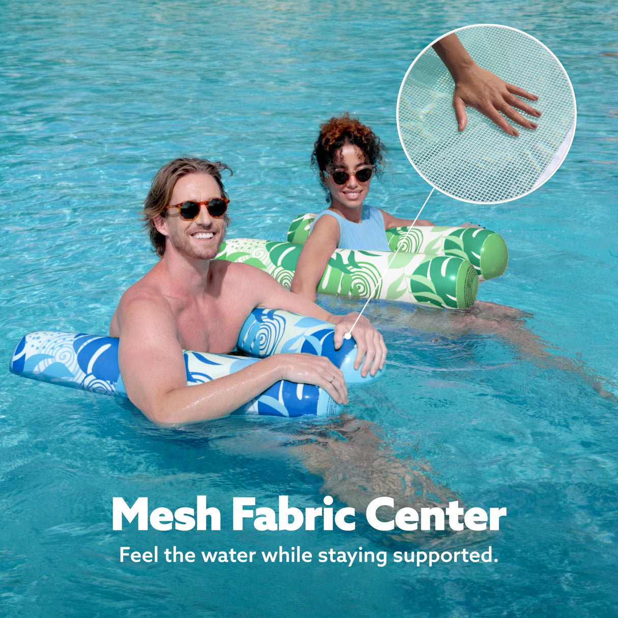 SLOOSH 2 Packs Tropical Leaves Hammock Pool Floats Adults, 4-in-1 Multi-Purpose Inflatable Pool Floats PVC Water Hammock Lounge Floaties (Blue&Green) Sloosh