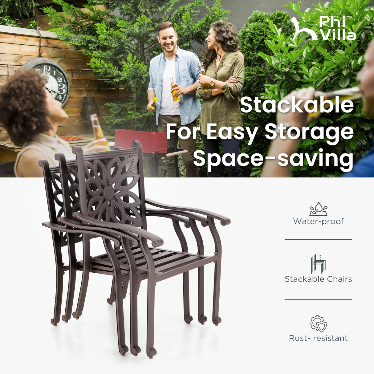 PHI VILLA Cast Aluminum Patio Dining Set for 6 Person, 7 Piece Outdoor Patio Set with 64" x 37" Cast-Top Aluminum Table(2.3" Umbrella Hole), 4 Dining Chairs and 2 Swivel Rockers with Seat Cushions PHI VILLA