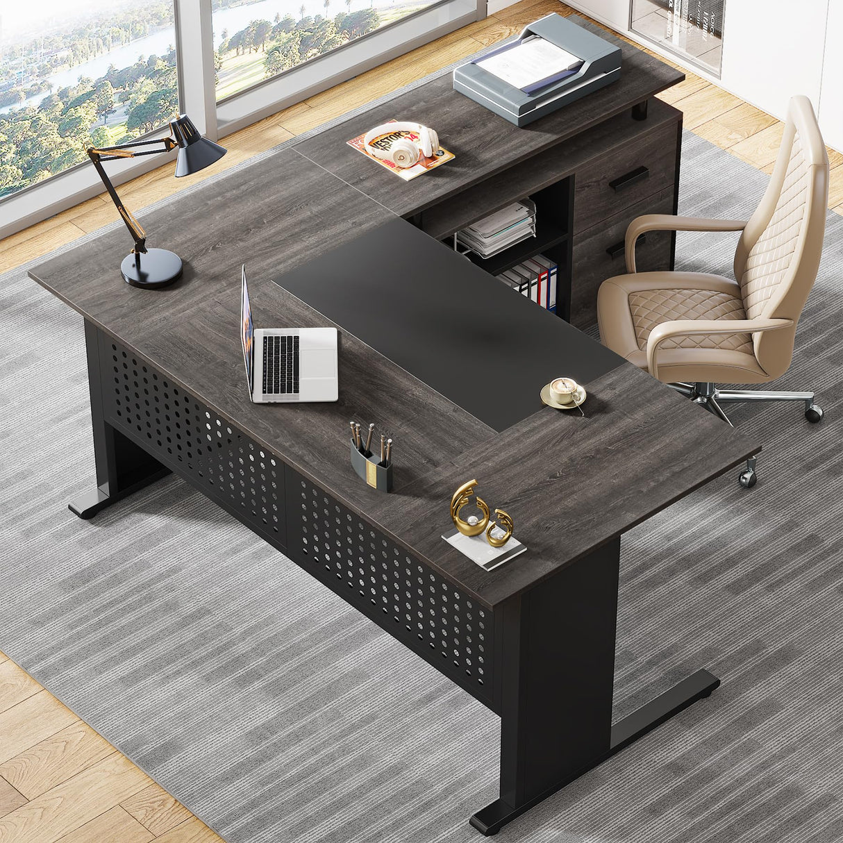 Tribesigns 63 Inch Executive Desk with File Cabinet, Large Office Desk L Shaped Computer Desk with Drawers and Storage Shelves, Business Furniture Desk Workstation for Home Office, Gray and Black Tribesigns