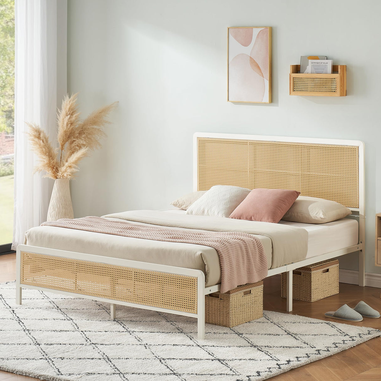 GarveeHome Queen Bed Frame with Rattan Headboard and Footboard, Bohemian Rattan Queen Size Bed Frame with Under Bed Storage, Solid Metal Foundation with Silent Slats,No Box Spring Needed GarveeHome