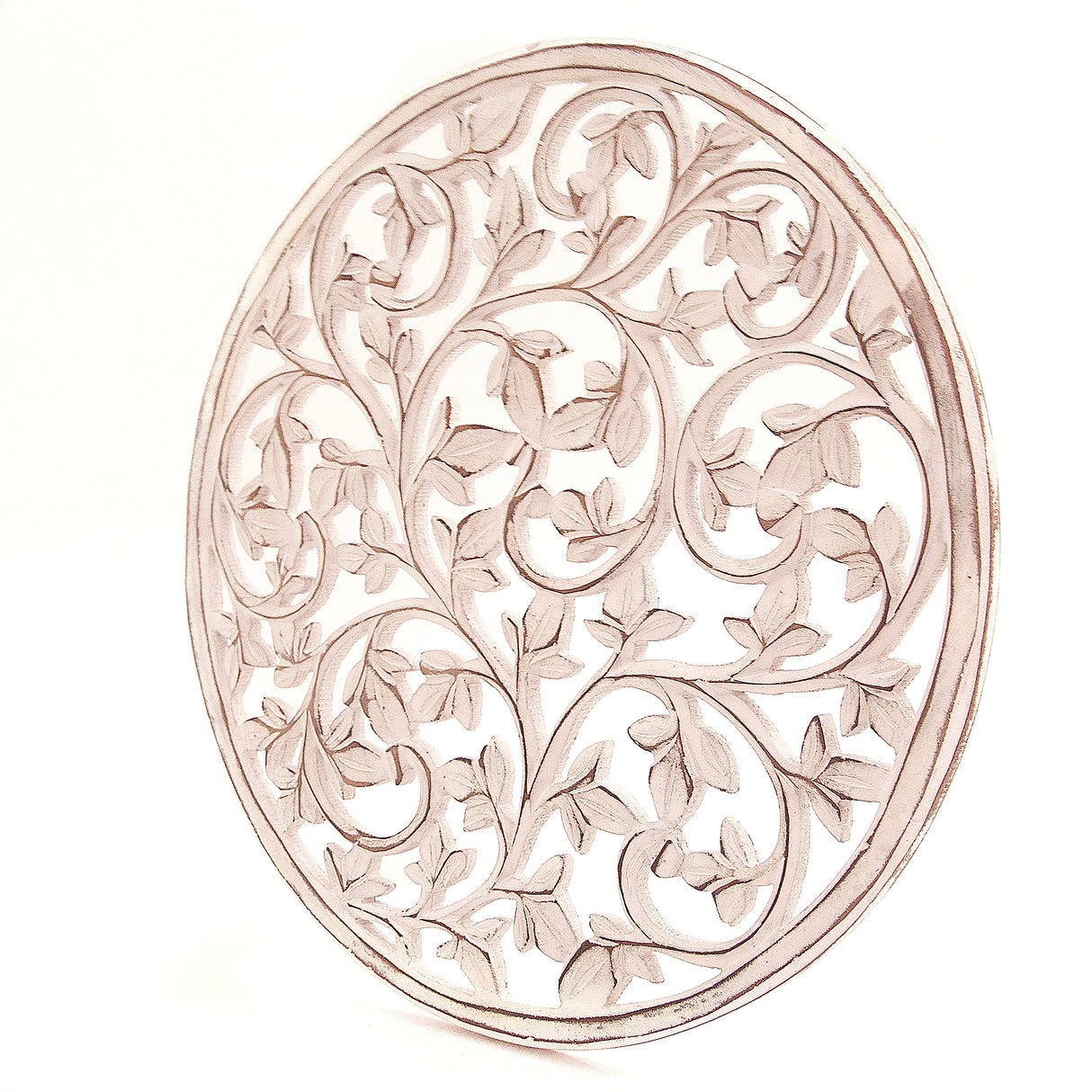 Intricately Handcrafted Decorative Wooden Wall Panel Hanging Sculpture Statue Plaque Art Home Living Room Office Decor Accent Designer Boho Farmhouse Flower Decor, 12 Inch, Round, Cream White The Great Indian Bazaar