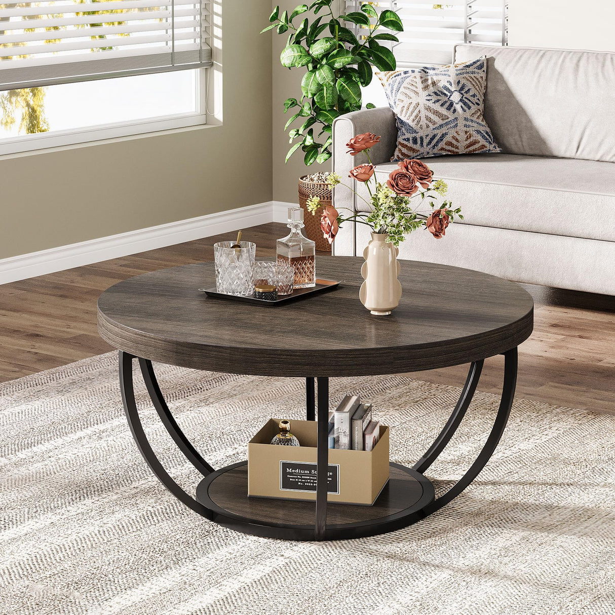 Tribesigns Round Coffee Table, 31.7" Wooden 2-Tier Circle Coffee Table with Storage Shelves, Modern Accent Cocktail Table Center Table for Living Room, Grey