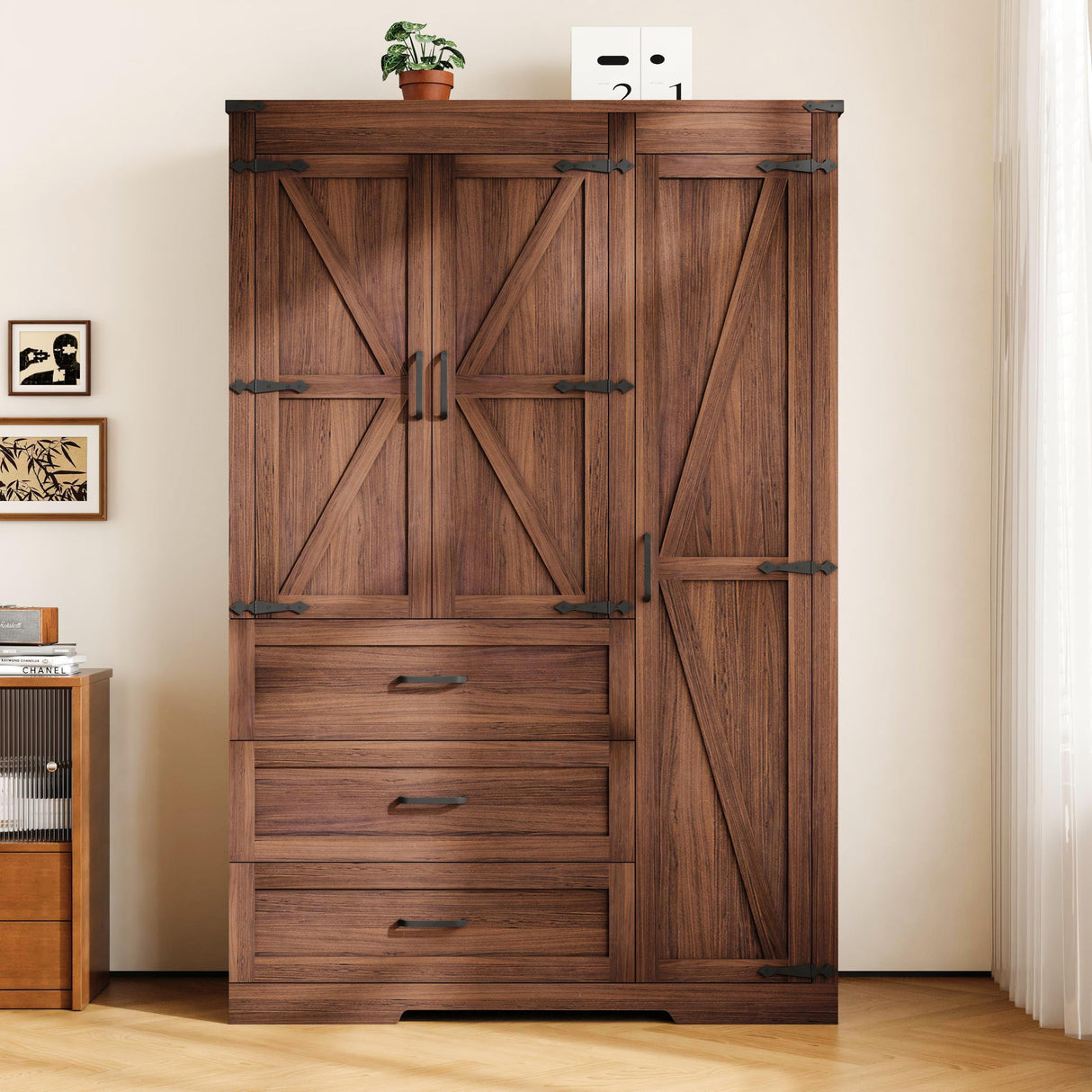 3 Door Armoire Wardrobe Closet Cabinet with 3 Drawers and Drawers, Farmhouse Bedroom Armoire with Hanging Rod and Adjustable Shelves, Large Capacity Storage Wardrobe Armoire for Bedroom, Brown DalyLuxa