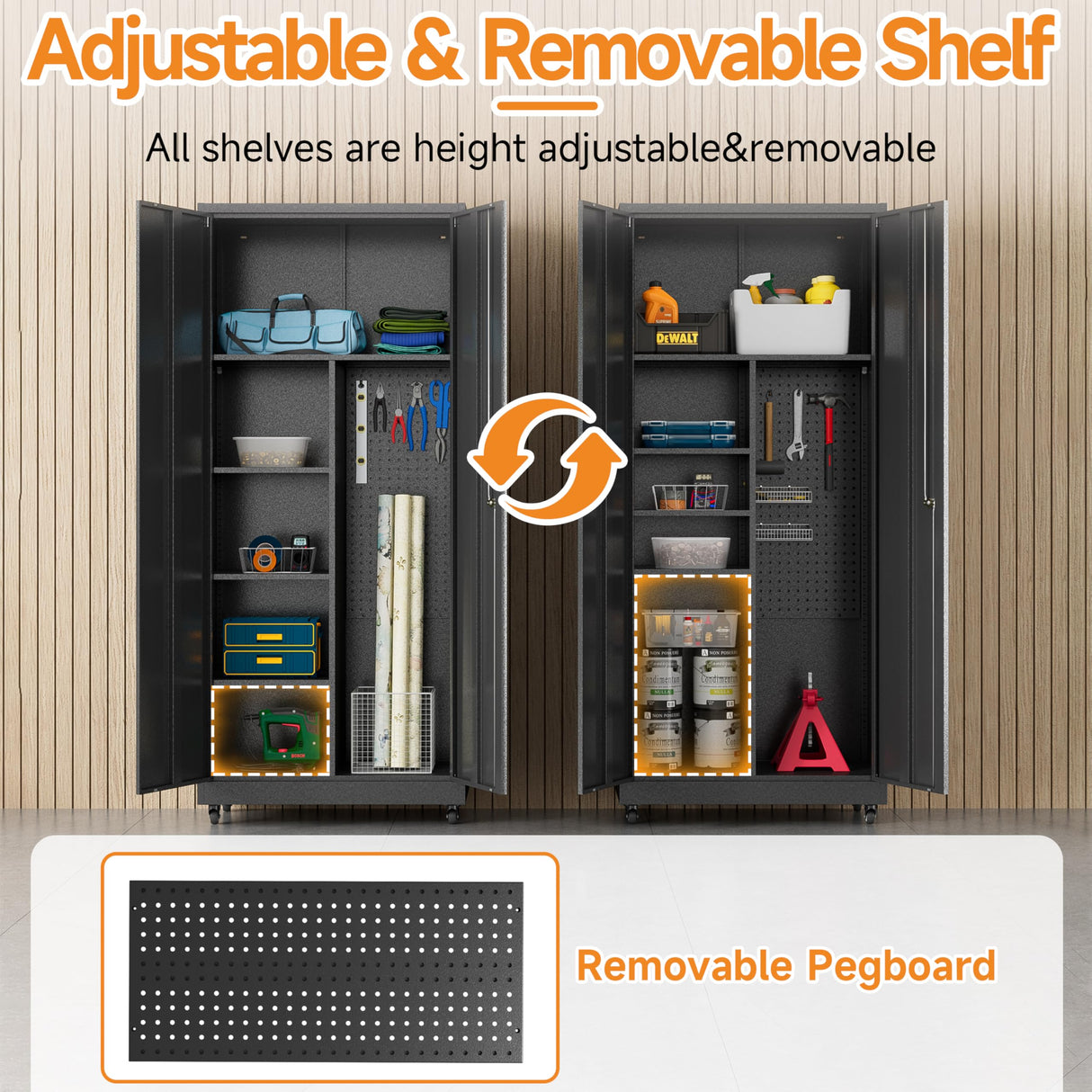 Firstsky Metal Garage Storage Cabinet with 2 Doors, Adjustable Rolling Tool Storage Cabinet with Lock, 71" Steel Locking Tool Cabinet with Wheels and Shelves for Garage, Warehouse(Black, 71" H) Firstsky