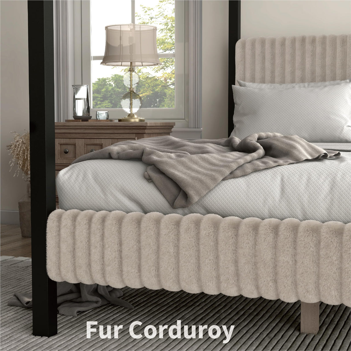 Evadne Modern Canopy Bed Frame Queen Size in Light Brown with Upholstered Channel Headboard and Wooden Slats Support HOMES: Inside + Out