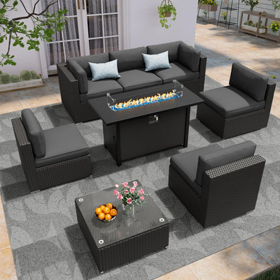Incbruce 8-Piece Patio Furniture Set with Fire Pit Table, PE Black Brown Wicker Rattan Outdoor Sectional Couch, Patio Conversation Set with Glass Table and Removable Cushions (Grey)