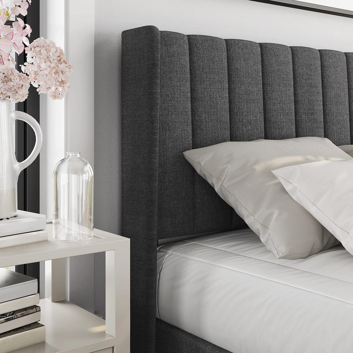 Yaheetech Upholstered Queen Size Bed Frame with Winged Headboard and Wooden Slats Support in Dark Gray Yaheetech
