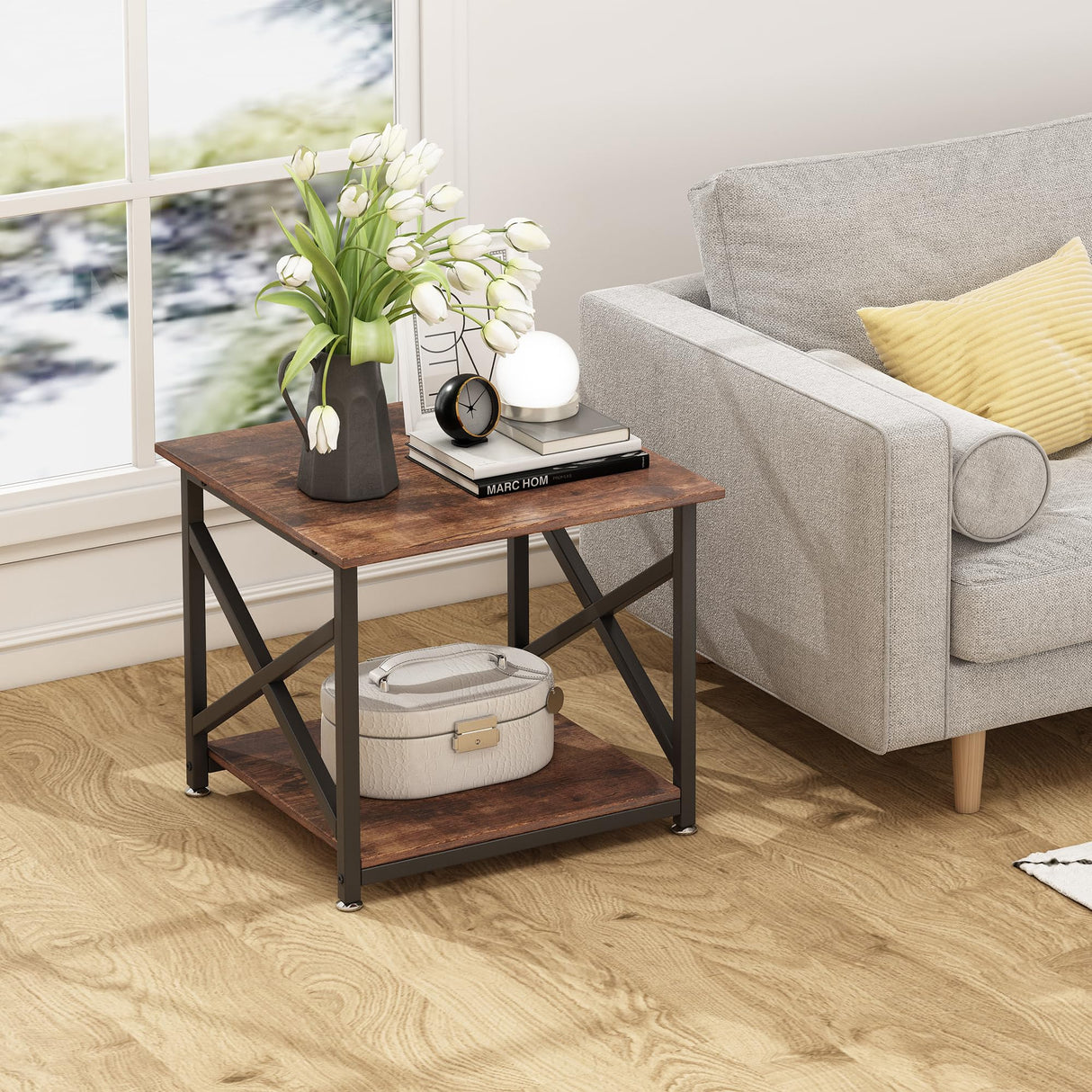 Fannova Large Printer Stand, 23.6 x 23.6 x 22.6 Inches Square Printer Table with Storage Shelf, 2 Tier Rolling Printer Cart with Industrial Wheels for Home Office - Rustic Brown Fannova