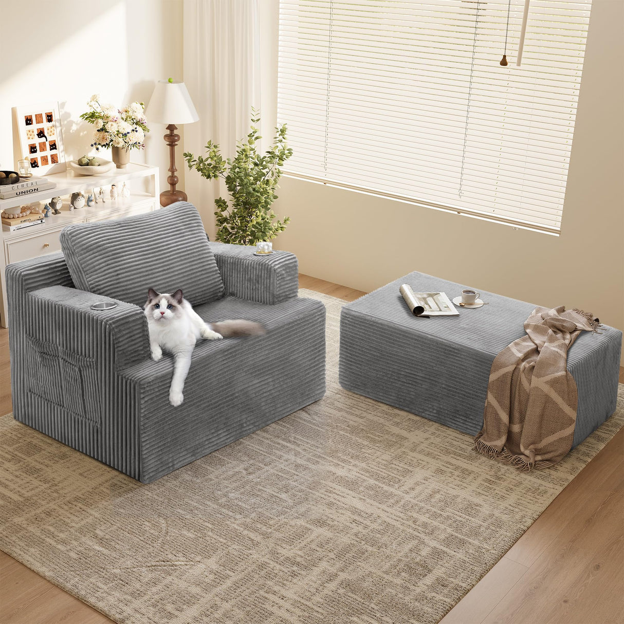 Homall Oversized Chaise Lounge Chair, Cloud Couch with Fluffy Upholstered, Deep Seat Sleeper Sofa Bed with Two Cup Holders, Comfy Boneless Couch No Assembly Required for Living Room, Apartment (Grey) Homall