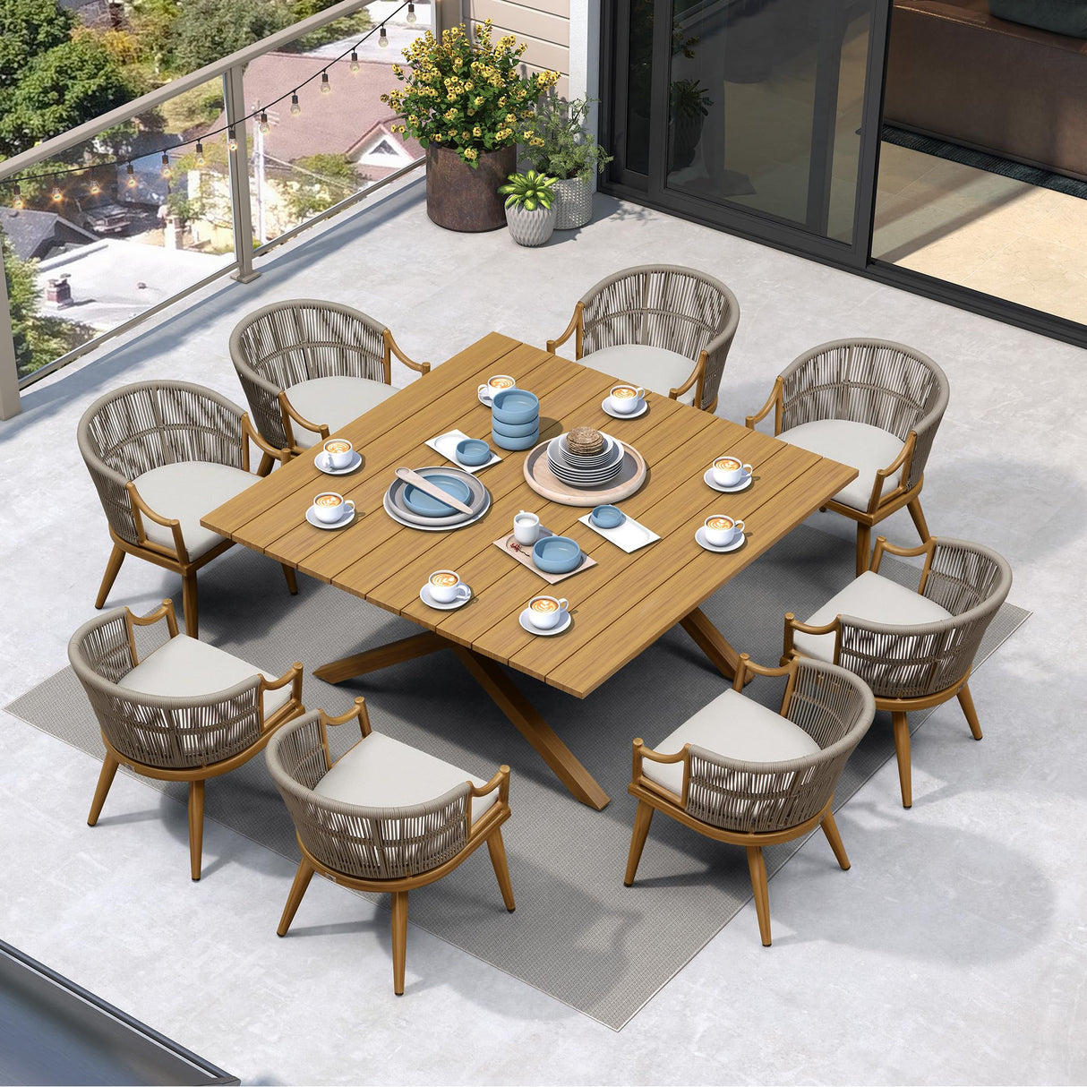 PURPLE LEAF 9 Pieces Outdoor Dining Set All Weather Wicker Patio Dining Set with Square Aluminum Table and Modern Armrest Dining Chairs for Garden Deck Backyard Kitchen, Teak PURPLE LEAF