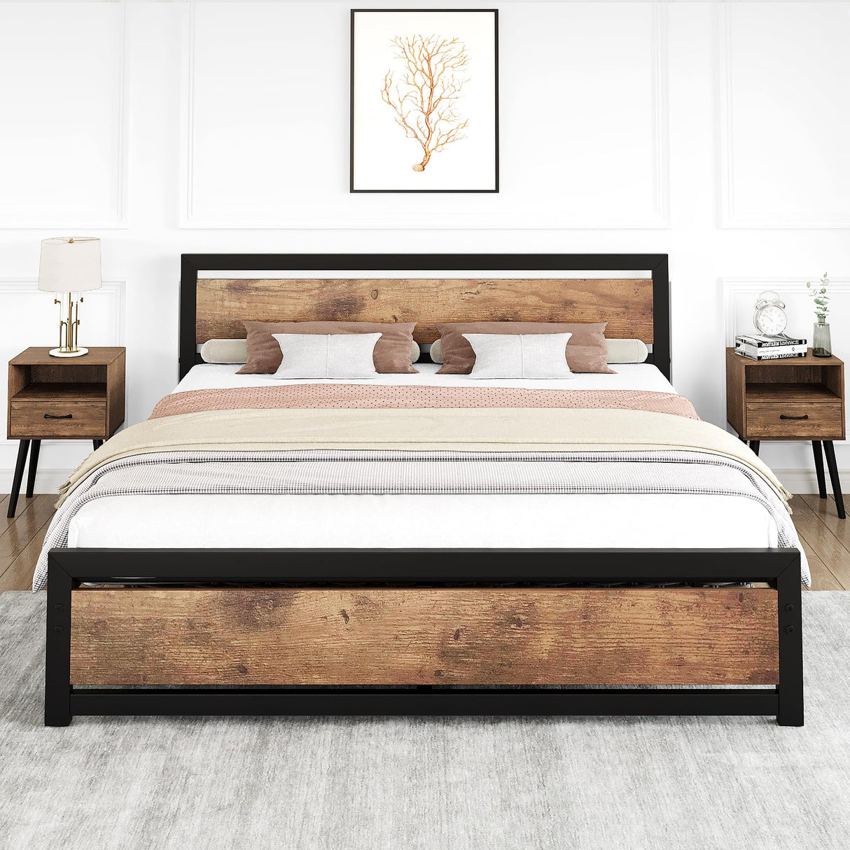 GAOMON Industrial King Size Bed Frame with Wooden Headboard and Sturdy Slat Support GAOMON