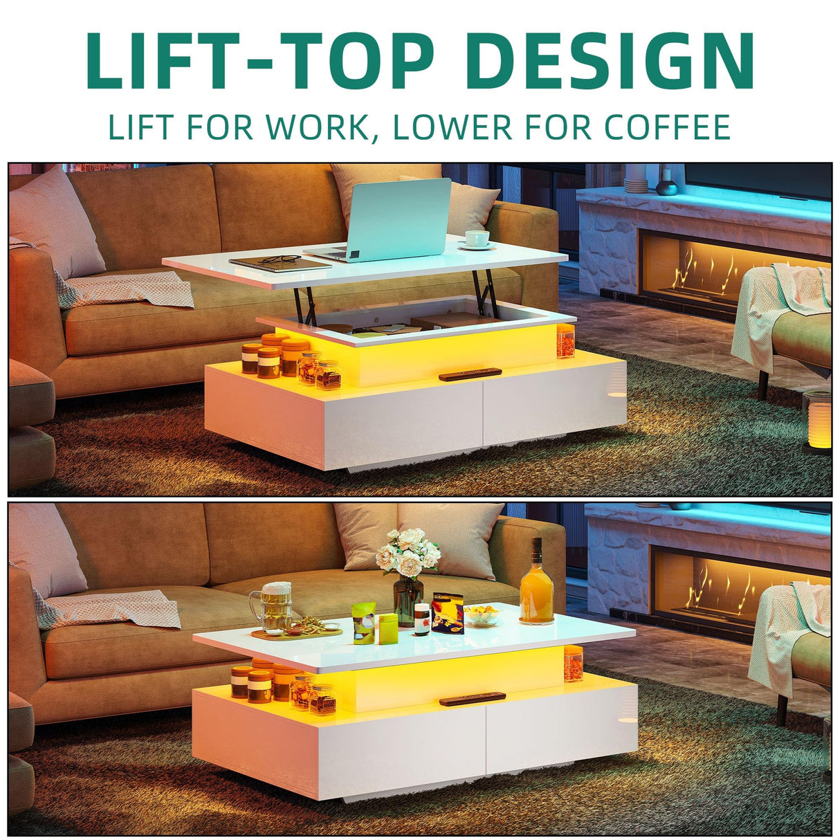 YITAHOME LED Lift Top Coffee Tables for Living Room, High Glossy Coffee Table with Storages 4 Spacious Drawers, Modern Rectangle Coffee Tables Small Center Table for Home Office, Glossy White YITAHOME