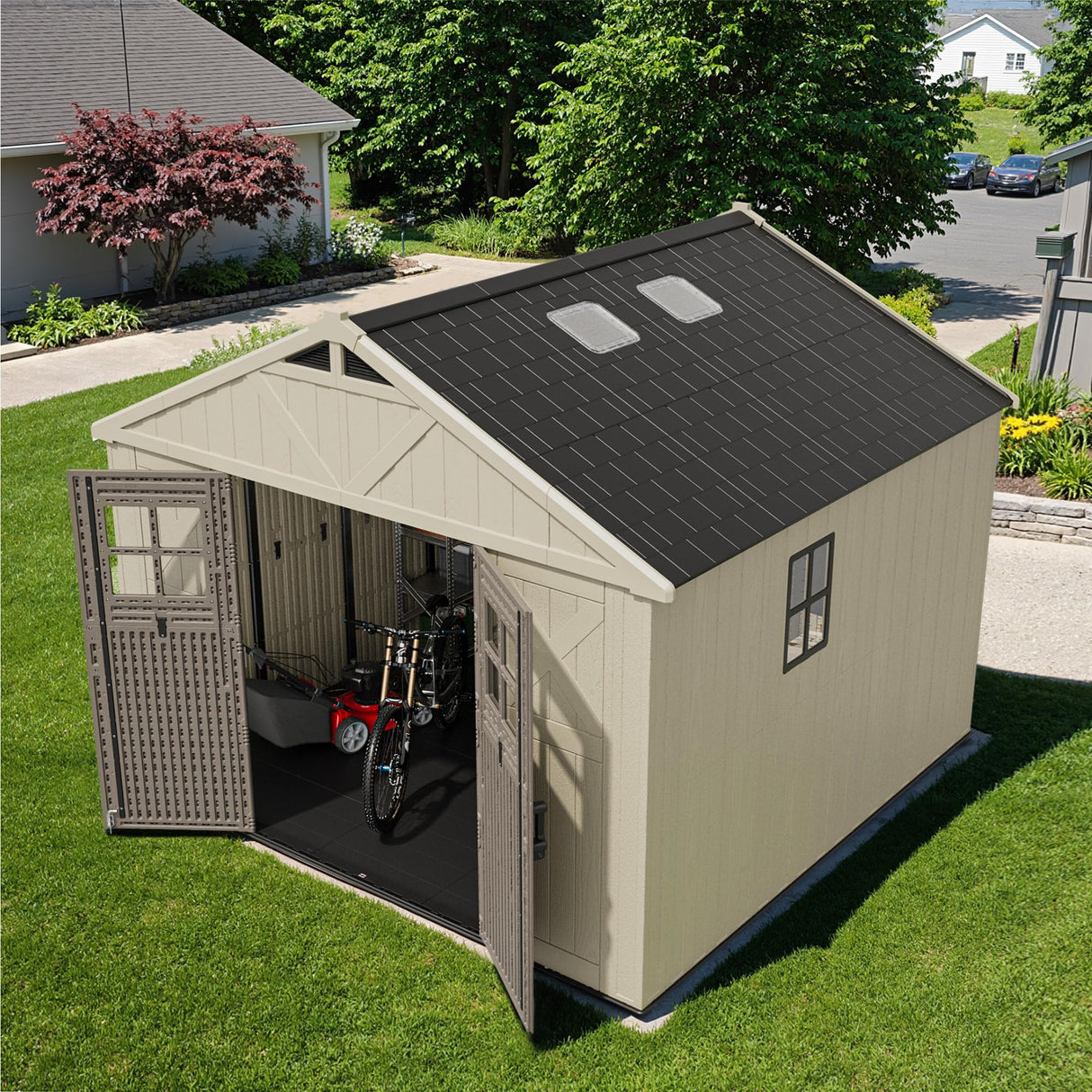 Devoko 10 x 10 FT Plastic Outdoor Storage Shed with Windows, Resin Tools Shed with Floor Large Storage Garden Shed for Patio,Garden, Backyard, Lawn, Beige Devoko