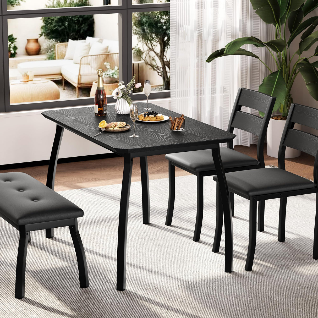 GarveeHome Dining Table Set for 4, Sturdy Wooden Kitchen Table with Chamfer Design and Metal Legs, Upholstered Bench & 2 Classic Dinner Chairs, Kitchen and Dining Set for Home Dinner, Party, Black GarveeHome