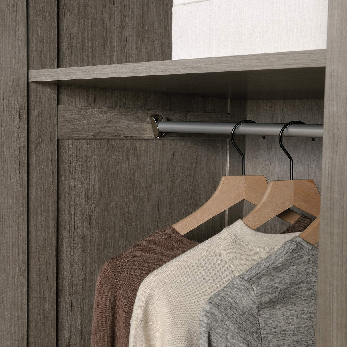 Sauder Select Multipurpose Bedroom Armoire Wardrobe Closet Pantry Storage Cabinet with Storage Drawers and Hanging Rail, in Silver Sycamore Sauder