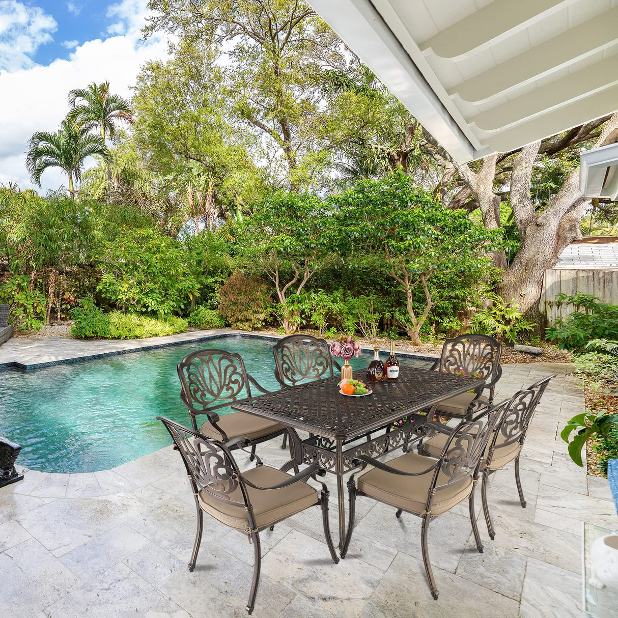 VINGLI 7 Pieces Outdoor Dining Set, Cast Aluminium All-Weather Patio Dining Set for 6 with Umbrella Hole, Outdoor Dining Table and Chairs with Cushions for Outside, Garden, Yard and Poolside VINGLI