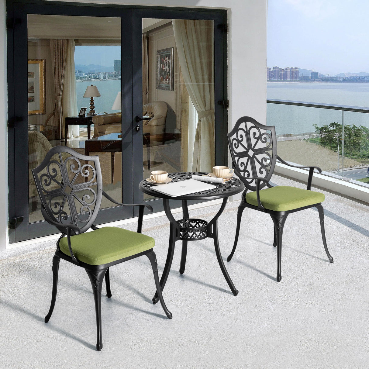 NUU GARDEN Outdoor 3-Piece Bistro Set with Cushions, Round 24 Inch Cast Aluminum Bistro Table with 2.17" Umbrella Hole, 2 Cast Aluminum Bistro Chairs, for Patio, Garden, Backyard and Balcony, Black NUU GARDEN