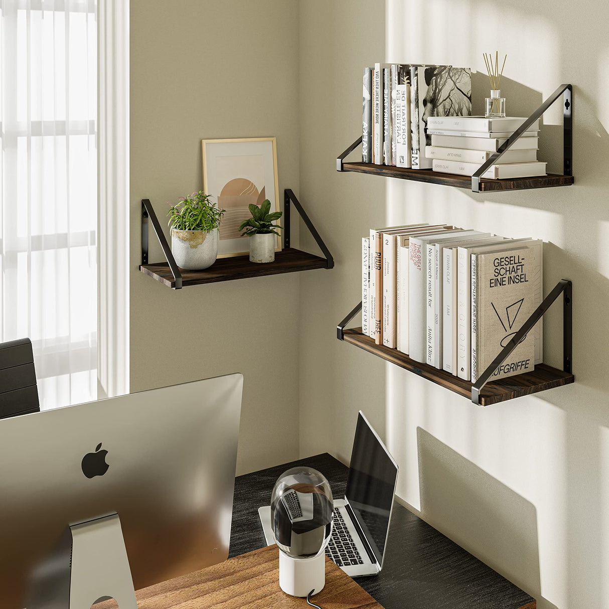 BAMEOS Floating Shelves Rustic Wood Wall Shelf, Small Bookshelf for Living Room, Office, Bedroom, with Metal Bracket BAMEOS